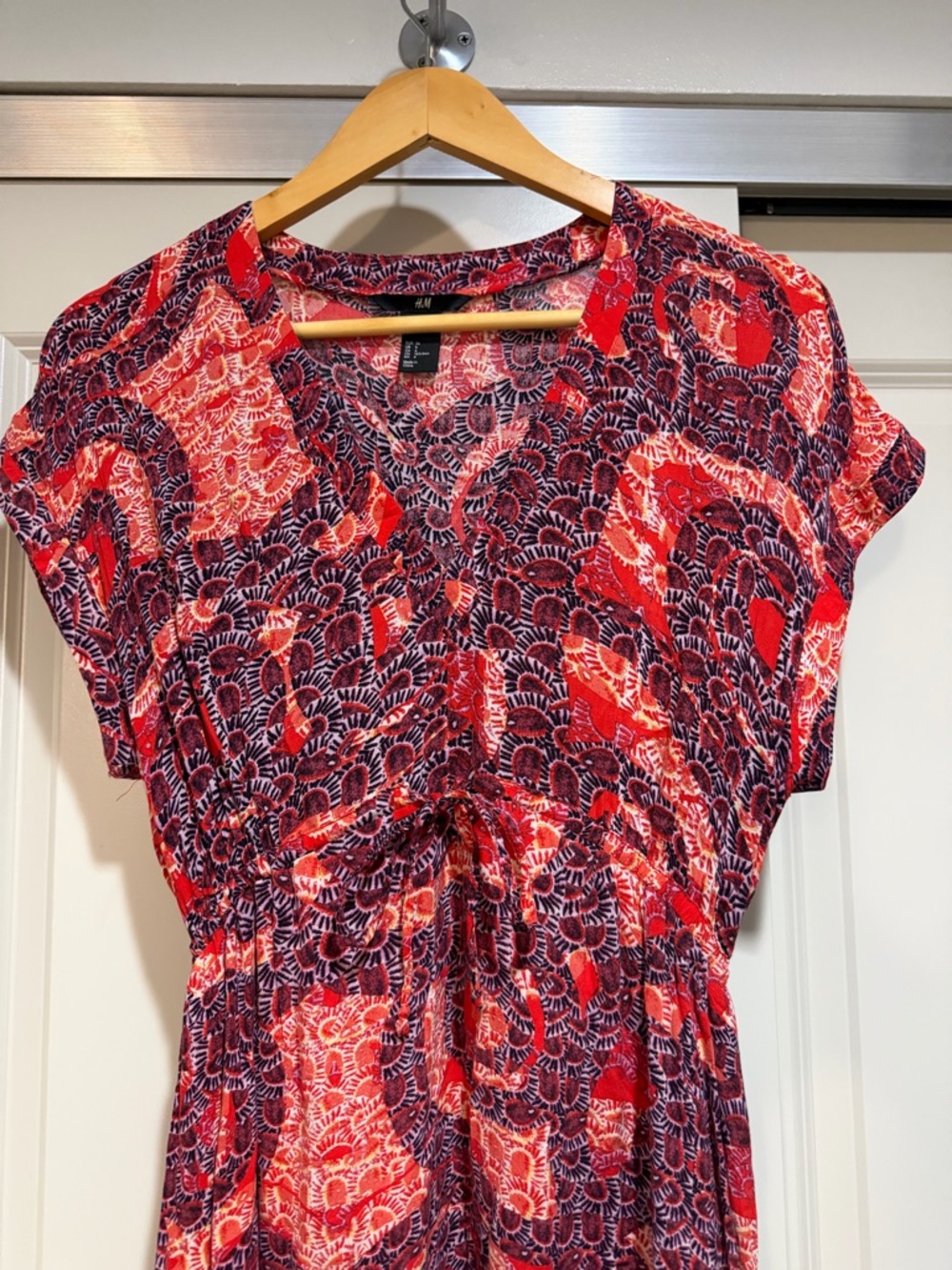 H&M Red & Burgundy Printed Midi Dress Size 6 Boho Tie Waist